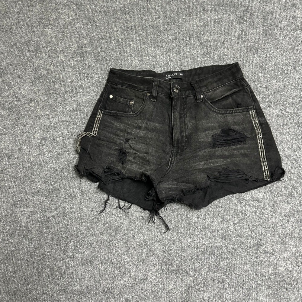Calliope Shorts Womens Size XS Black Distressed Ripped Beaded Raw Hem Denim Edgy